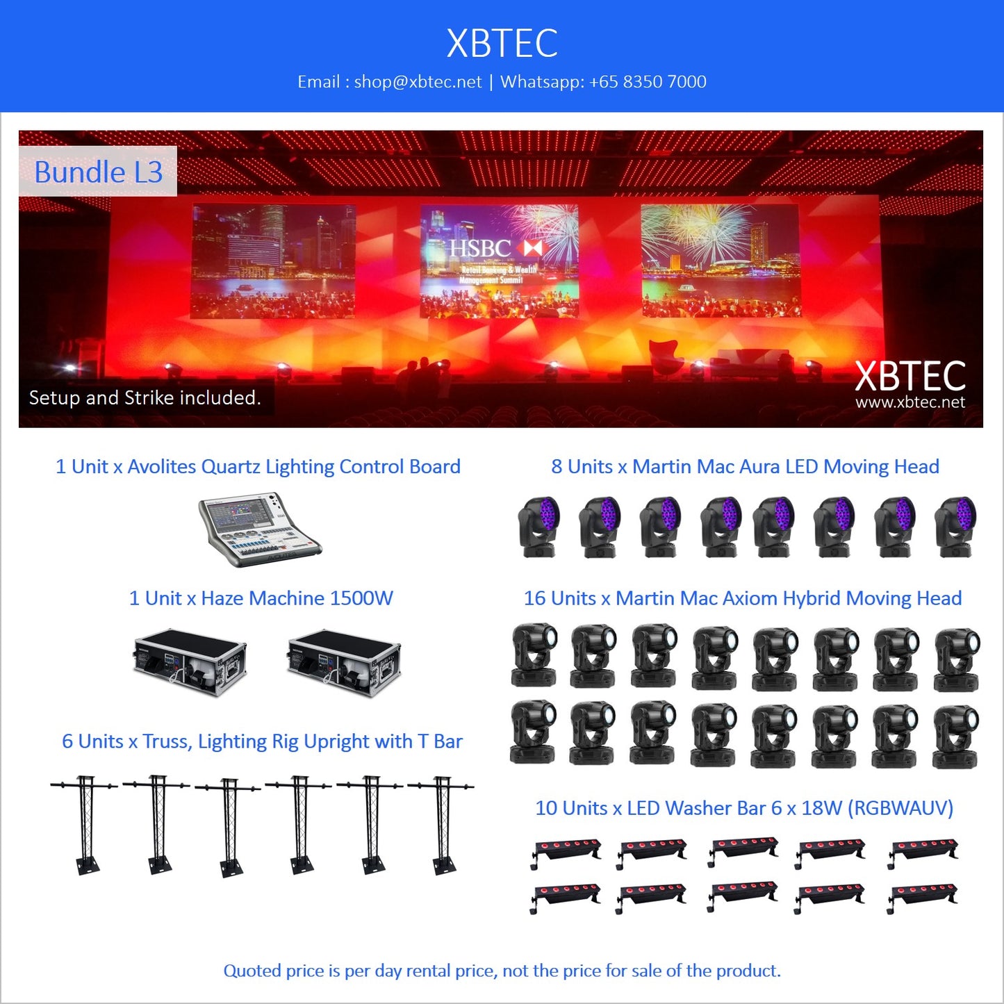 (Rental, Setup and Strike Included) Bundle L03. Avolites Quartz. Haze Machine. Martin Mac Aura LED Moving Head. Martin Axiom Hybrid Moving Head. LED Washer.