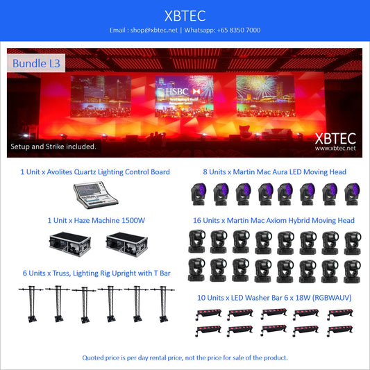 (Rental, Setup and Strike Included) Bundle L03. Avolites Quartz. Haze Machine. Martin Mac Aura LED Moving Head. Martin Axiom Hybrid Moving Head. LED Washer.