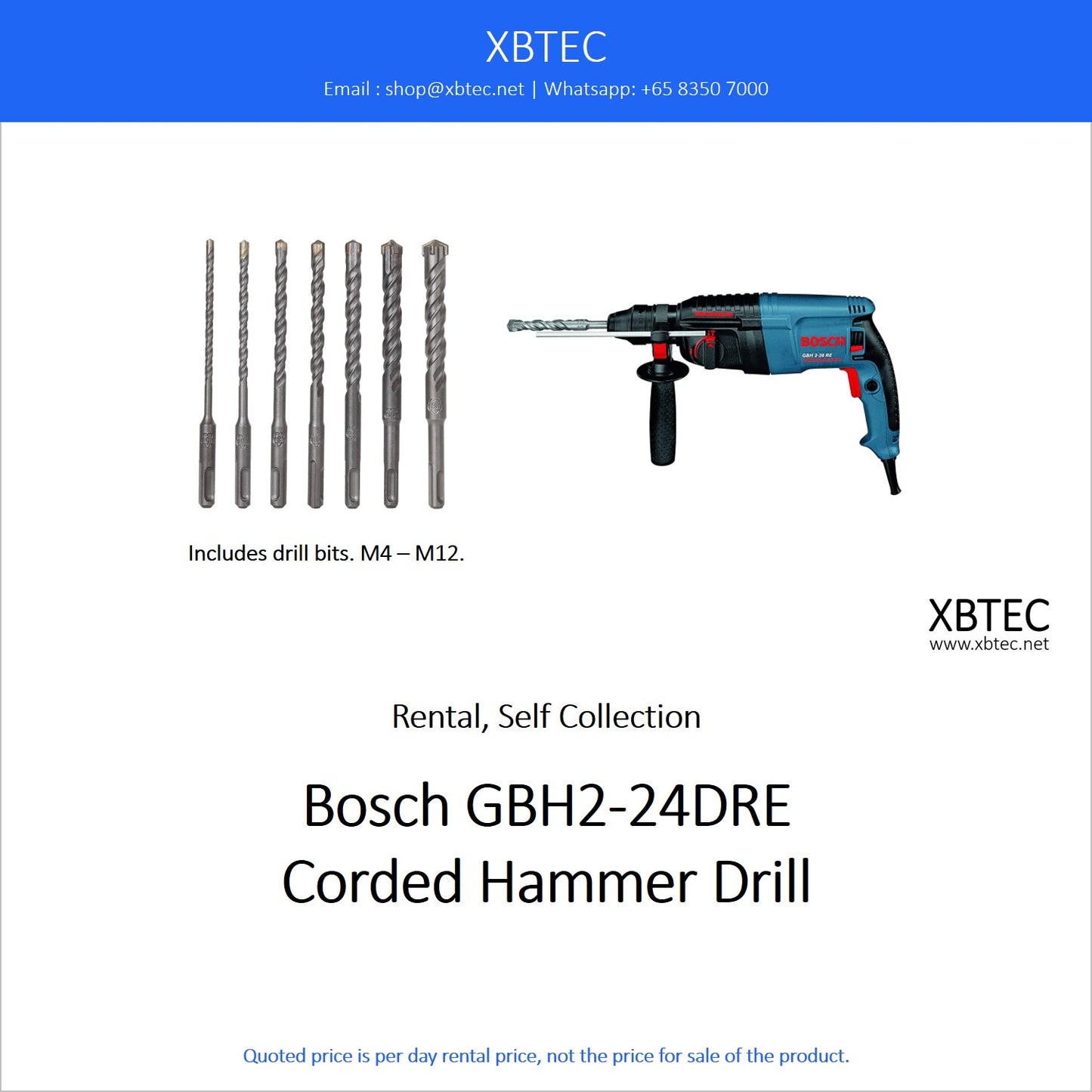 (Rental, Self Collection) Tools. Bosch Corded Hammer Drill with Drill Bit.