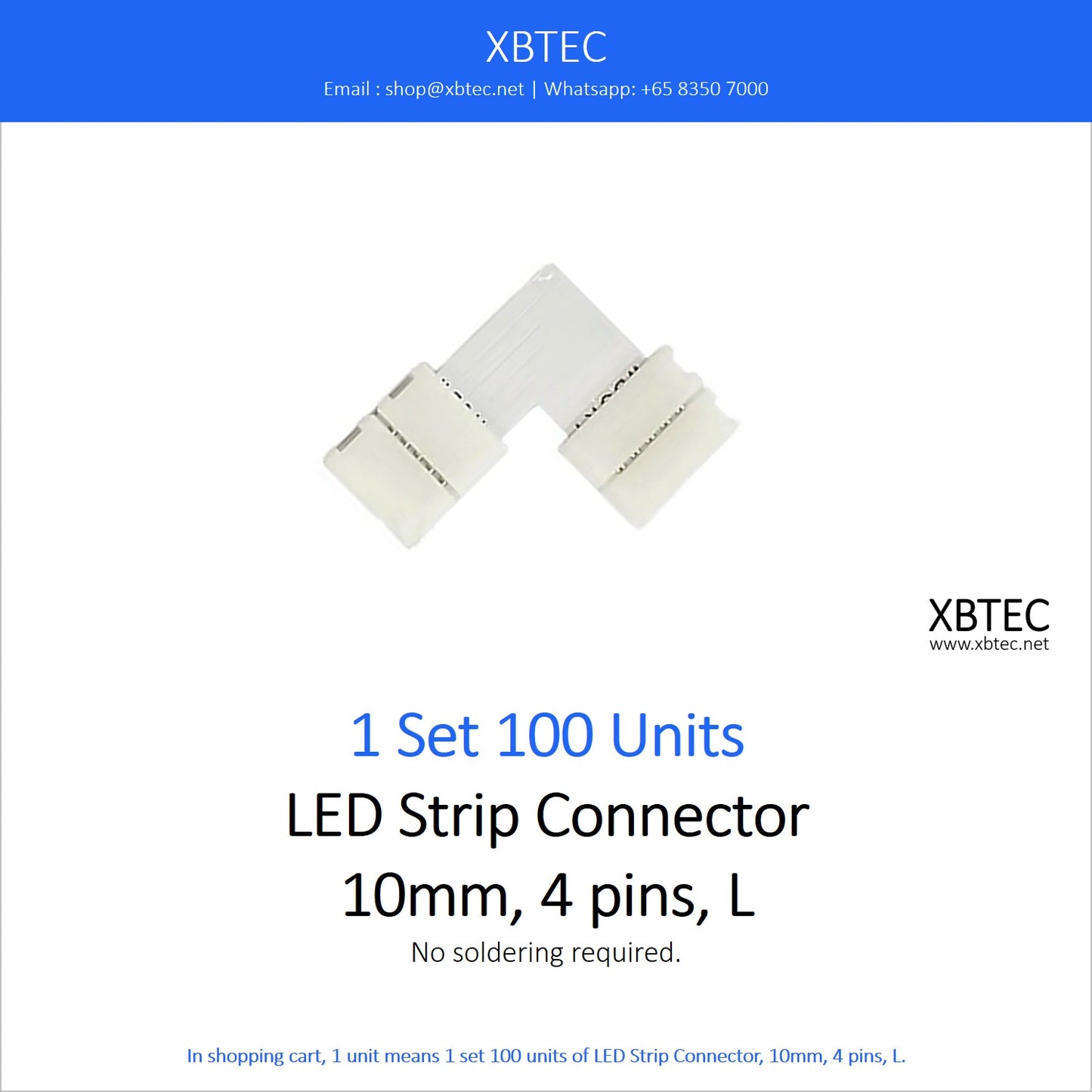 LED Strip Connector, 10mm, 4 pins, L