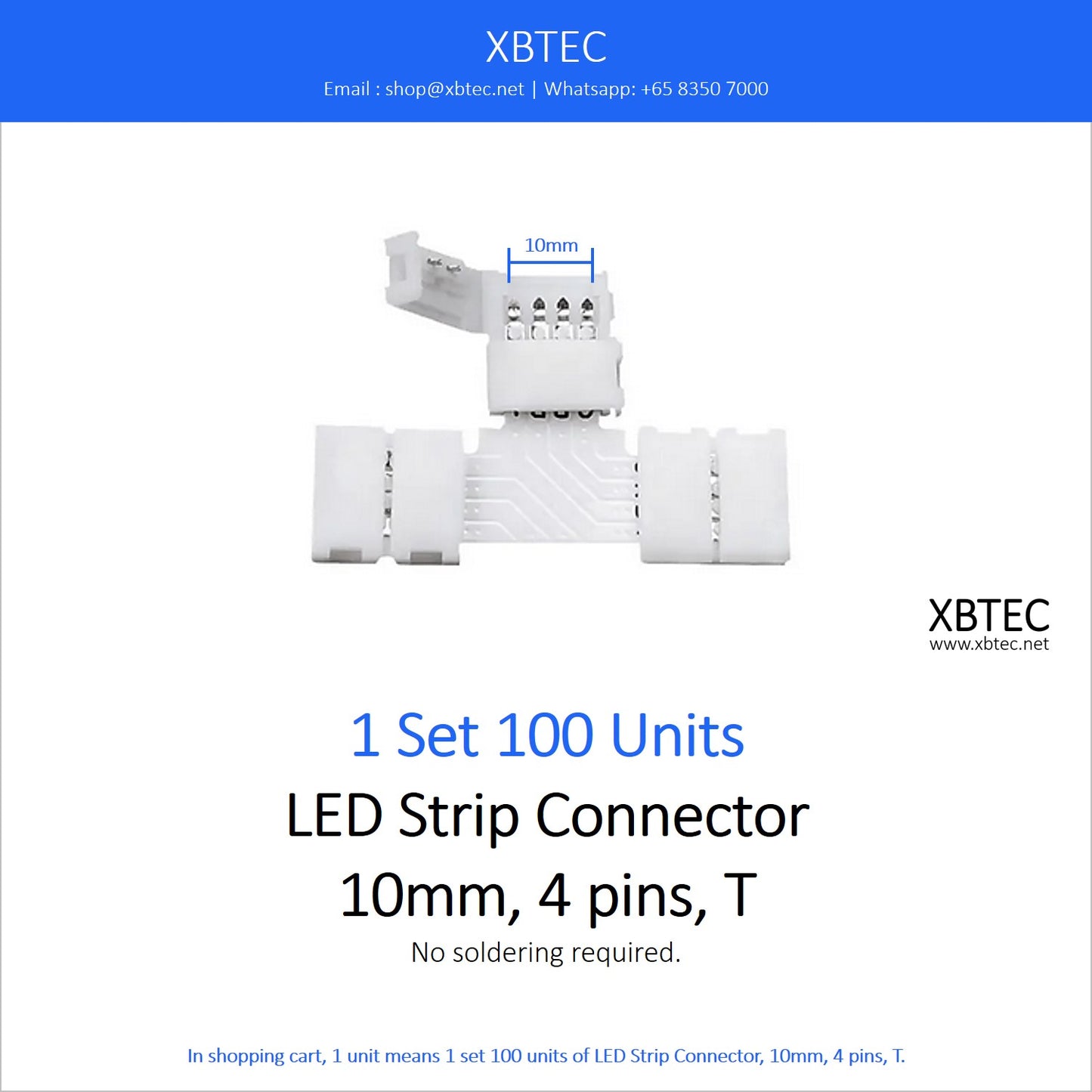 LED Strip Connector, 10mm, 4 pins, T