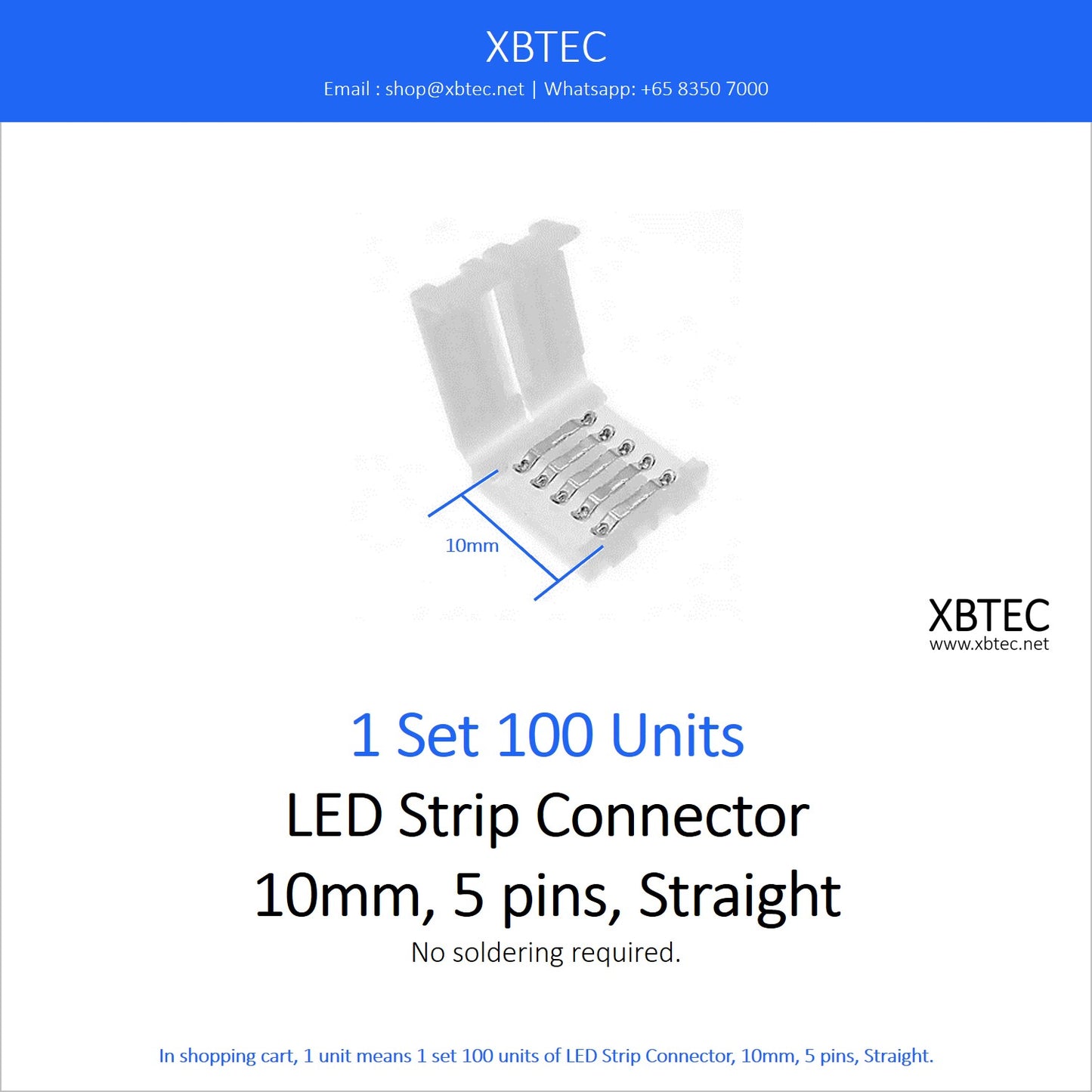 LED Strip Connector, 10mm, 5 pins, Straight