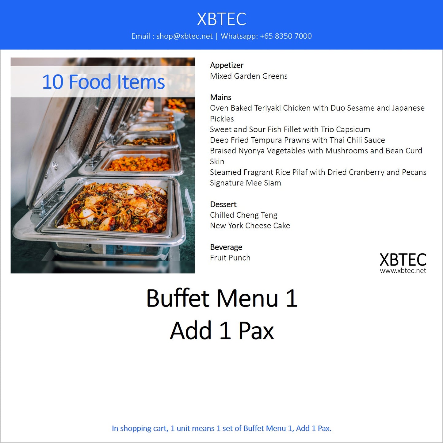 Meals, Buffet Menu 1, Add On 1 Pax