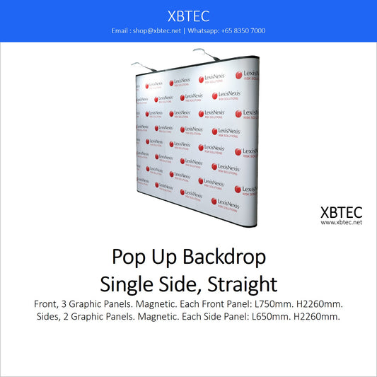 Pop Up Backdrop, Single Side, Straight. Front, 3 Graphic Panels. Sides, 2 Graphic Panels.