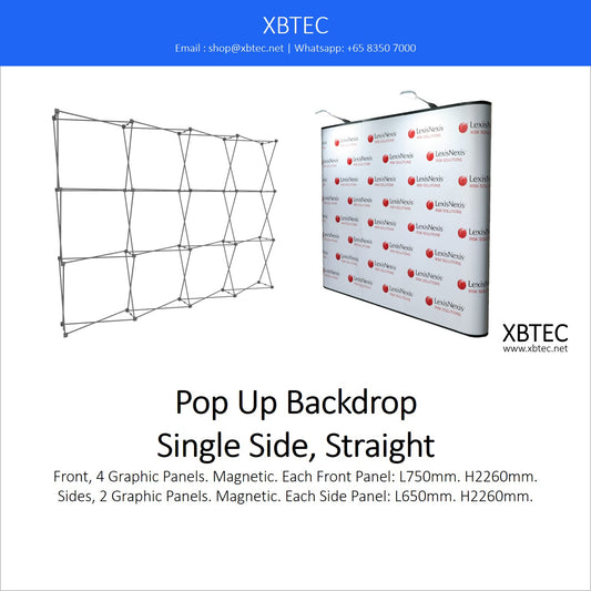 Pop Up Backdrop, Single Side, Straight. Front, 4 Graphic Panels. Sides, 2 Graphic Panels.